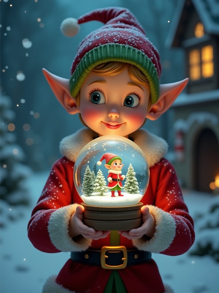 Elf character holding a snow globe in a winter setting. Magical atmosphere with soft lighting. Christmas theme is prominent.