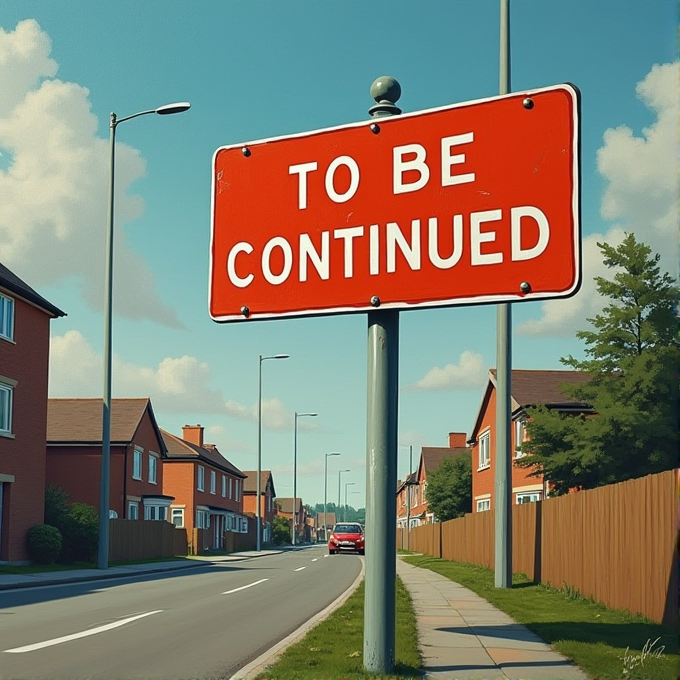 A street lined with houses has a red sign stating 'TO BE CONTINUED,' under a clear sky.