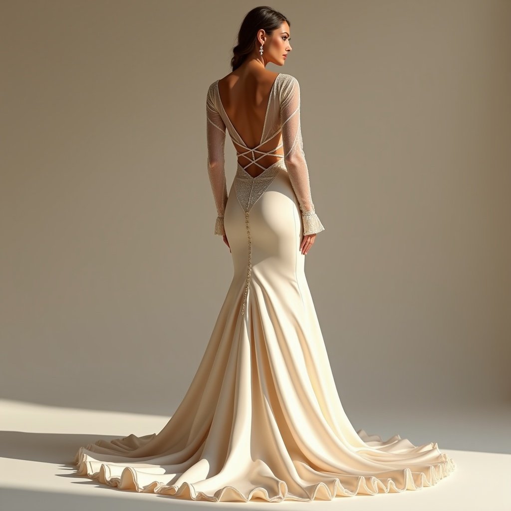 A hyper-realistic wedding dress features sheer mesh sleeves and a heart-shaped neckline. The dress has a dramatic fishtail silhouette in beige and off-white. The back has delicate buttons. The design is elegant and sophisticated with a subtle shimmer.