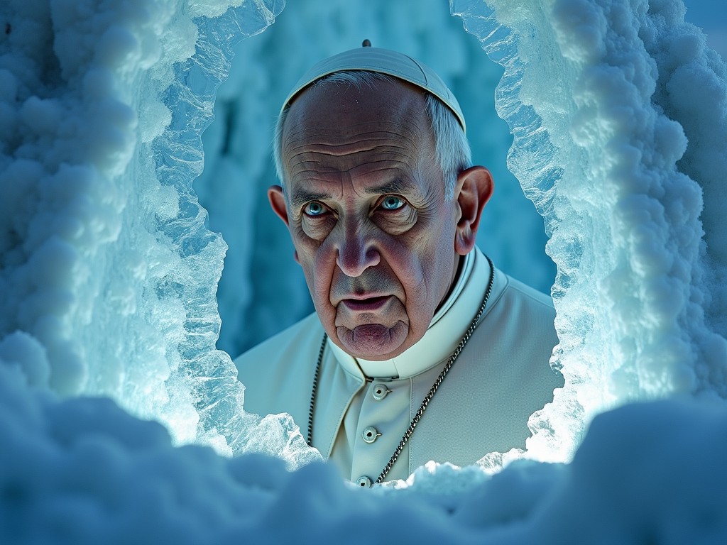 The image portrays a religious figure framed by an intricate ice formation, bathed in cool blue light. The contrast between the warmth of the figure's expression and the coldness of the surroundings highlights themes of solitude, reflection, and spiritual contemplation.