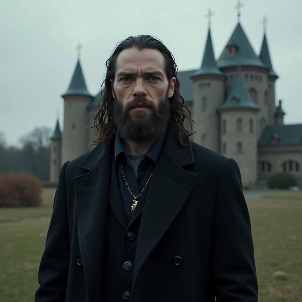 A bearded man in dark clothing stands in front of a medieval-style castle on a cloudy day.