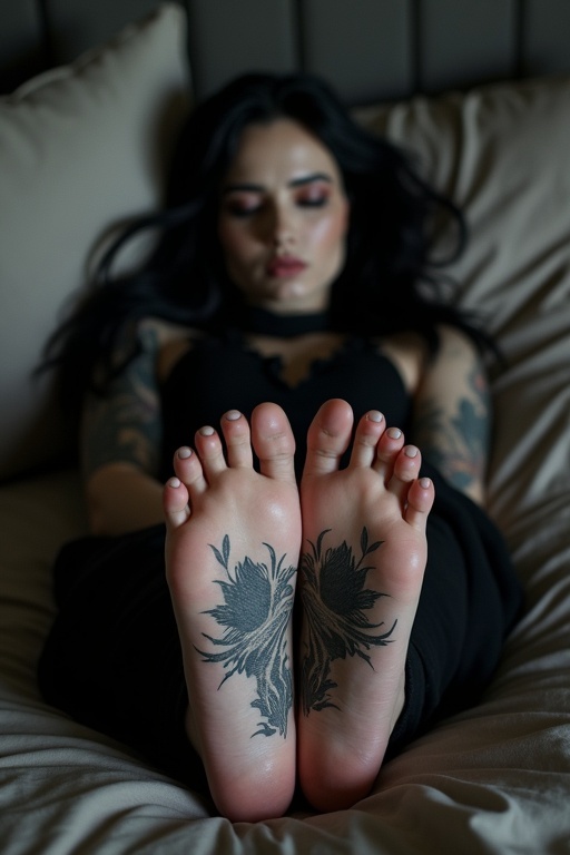 The image features a mature goth woman with long black hair. Her feet with intricate tattoos are prominently displayed. She is dressed in dark goth clothing. The pose is relaxed as she lies on a bed.