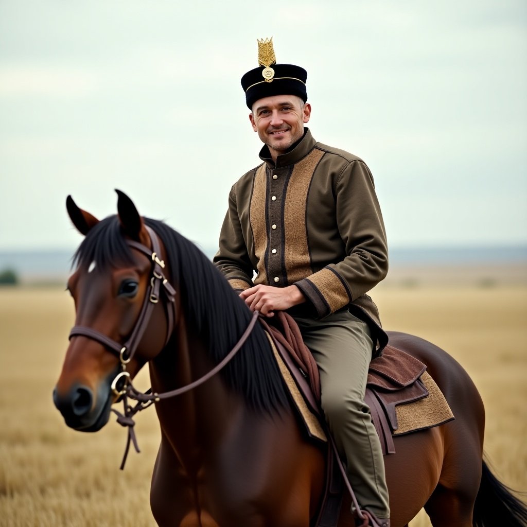 Man sitting on horse in open field wearing a traditional Mongolian outfit with a long-sleeved shirt, trousers, and a gold crown hat