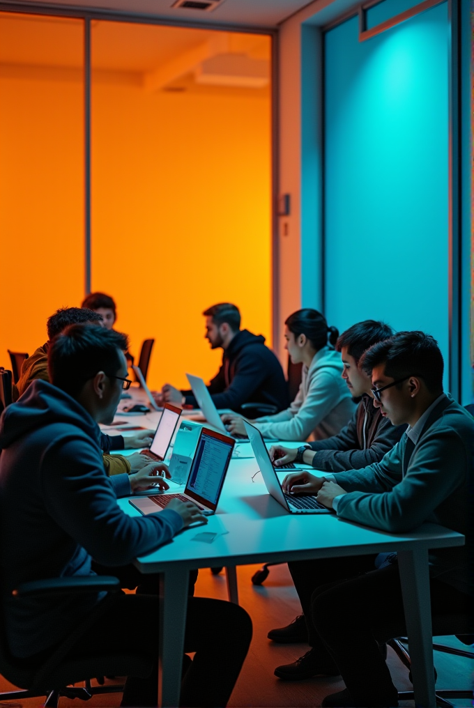 A group of people working on laptops in a modern room with contrasting blue and orange lighting.