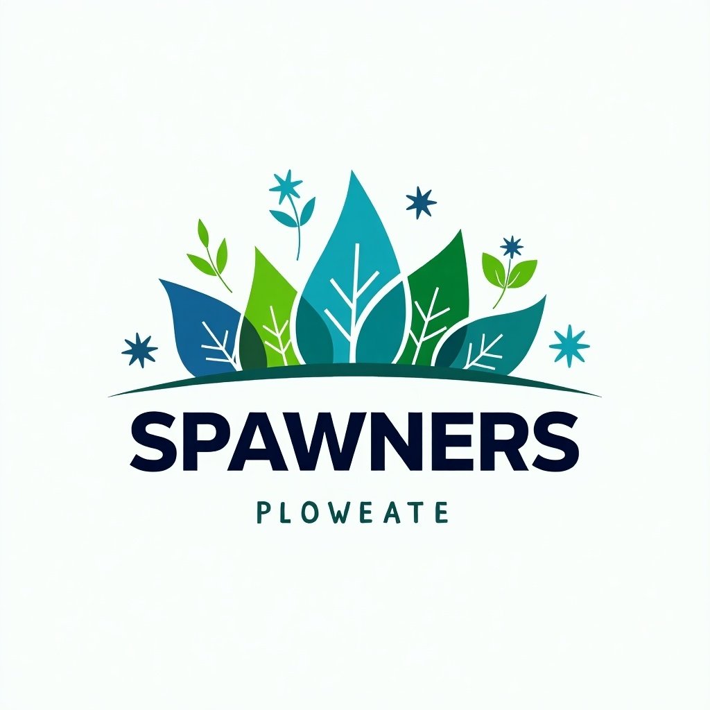 Logo design for SPAWNERS featuring leaves and plants with the word 'SPAWNERS' prominently displayed. Utilizes green and blue colors.