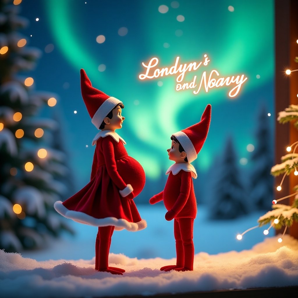 Enchanted Christmas scene features red elf dressed in skirt with pregnant belly. Elf stands with back to viewer looking up. Brother elf next to her smiles. Elf has a magic wand writing 'Londyn and Navy' in glowing script. Backdrop shows vibrant northern lights. Scene embodies festive spirit with whimsical twist.