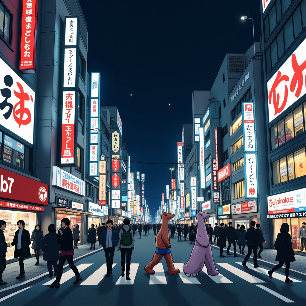 Two animated characters walk among a bustling crowd on a neon-lit street in a Japanese city at night.