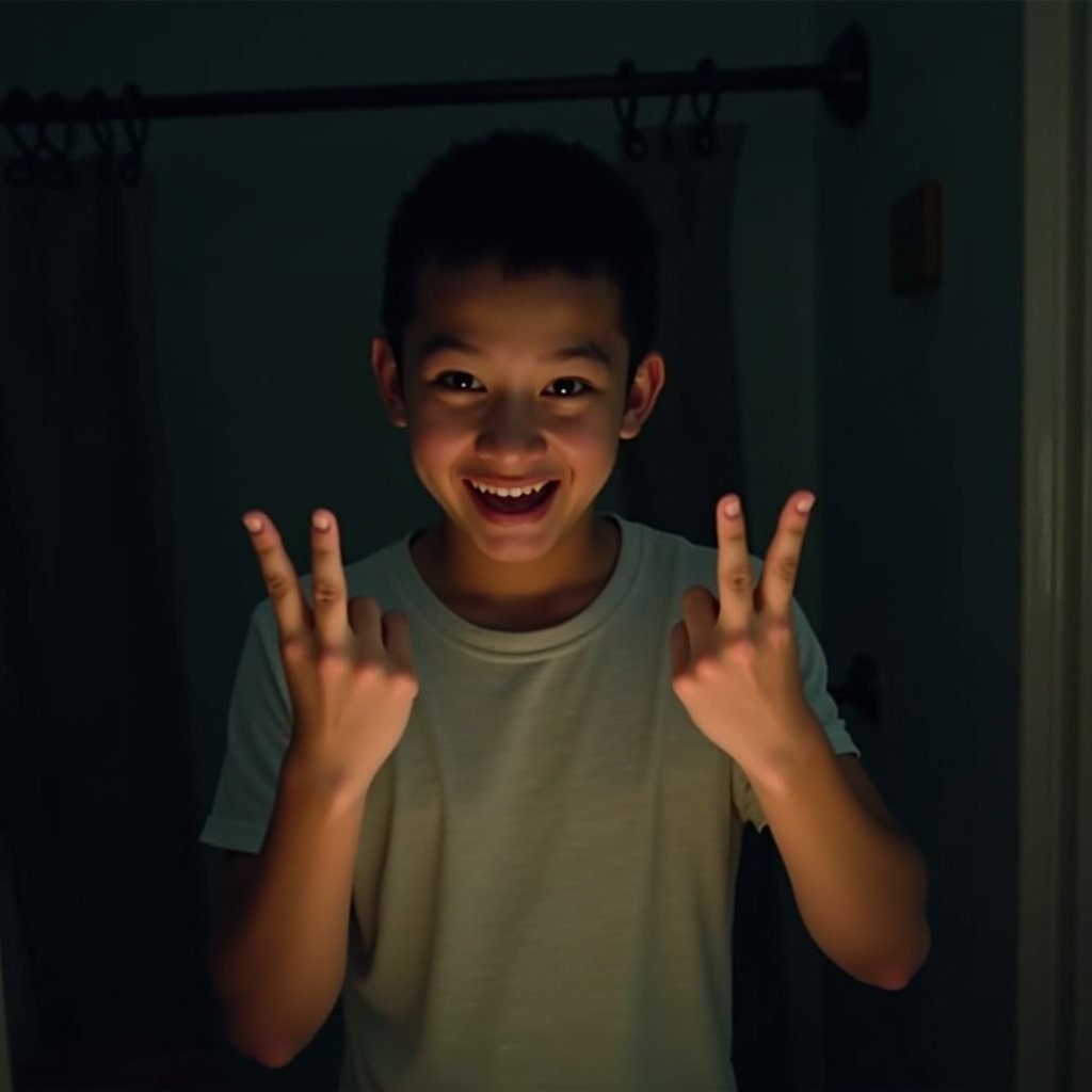 Young person makes middle finger sign at night in a bathroom. Phone used to take the photo with a light source. Features illuminated with dark background. Portrait orientation, 16:9 aspect ratio.