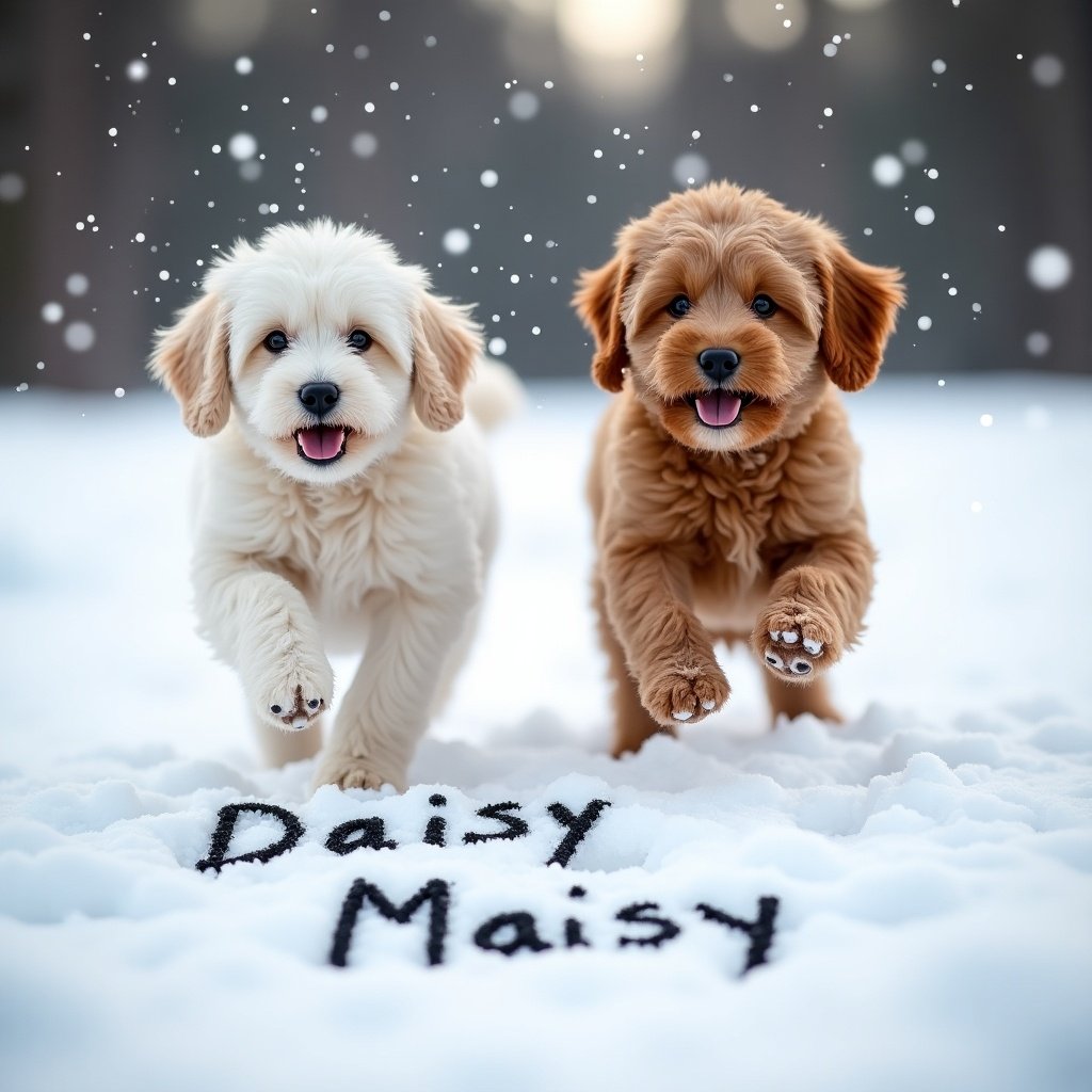 Two Cockapoo puppies running in snow. White one and ginger one. Names Daisy and Maisy written in snow.