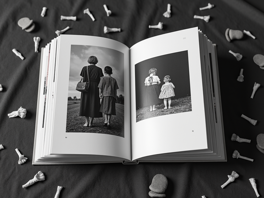 An open book displaying grayscale photos of people walking away, surrounded by scattered small candies on a dark fabric background.