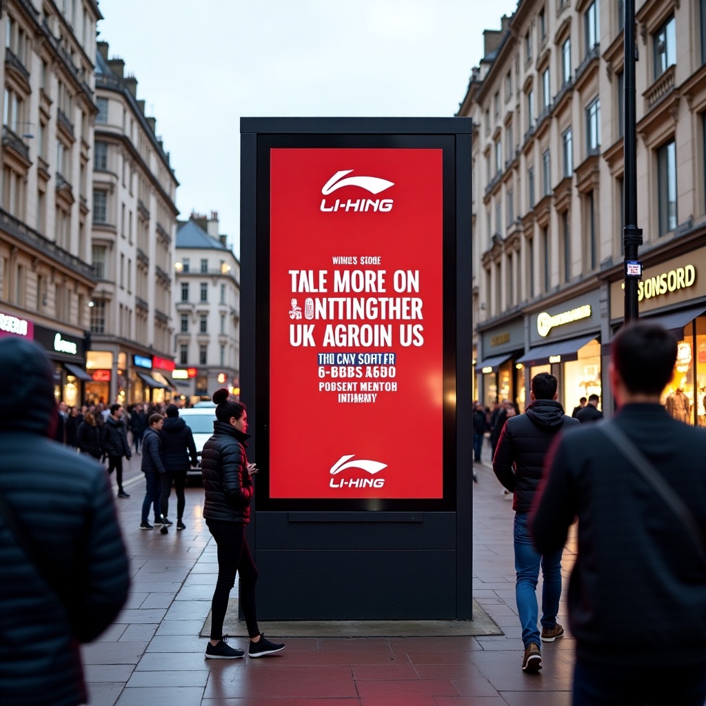 Billboard highlights Li Ning's launch in the UK. Promotes discounts for new customers. Street bustling with people. Li Ning logo prominently featured. Text states: 'TAKE MORE ON' with the offer details.