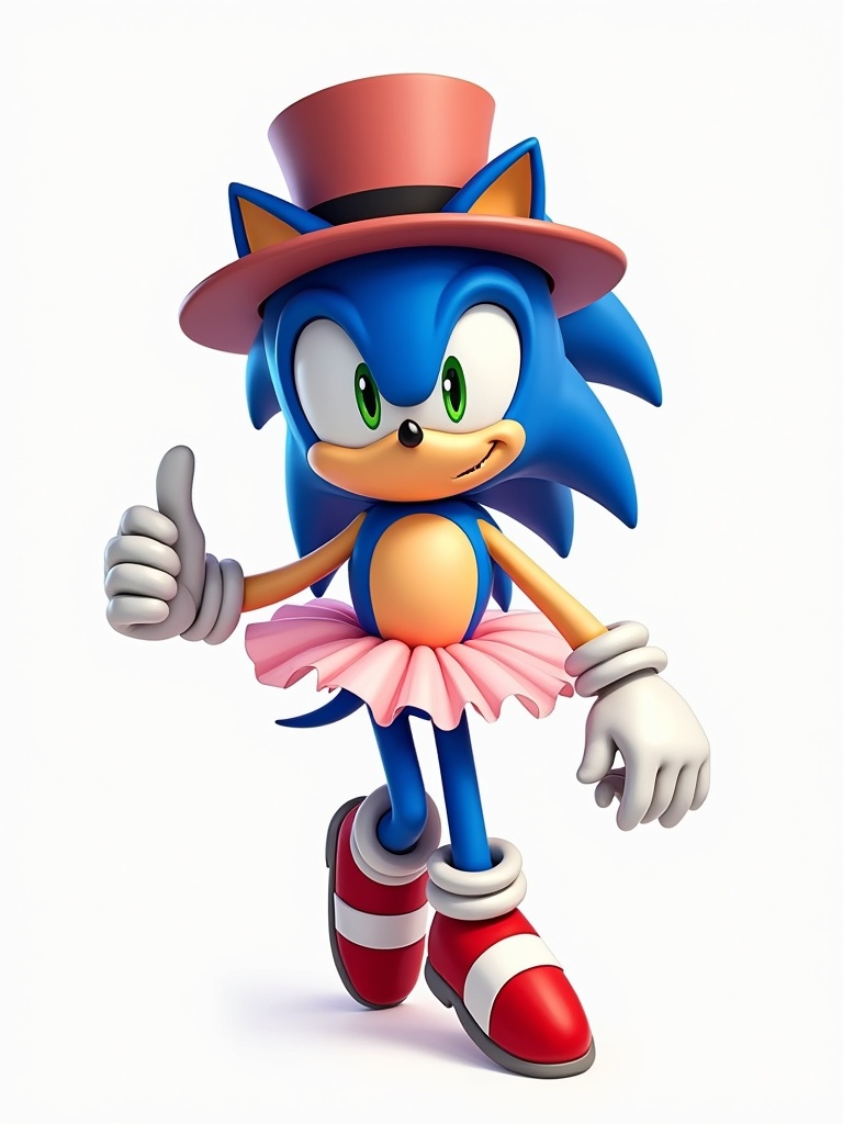 Sonic character wearing a bowler hat and a ballet tutu. Sonic has a cheerful expression and gives a thumbs up. The background is white.