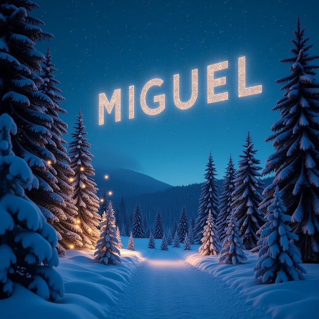 A magical European winter landscape covered in snow with pine trees glowing under a blue hue. A starry night sky forms the name MIGUEL. The scene is illuminated by warm lights and sparkling decorations surrounded by soft moonlight. Ultra-realistic photograph with detailed textures and an enchanting atmosphere.