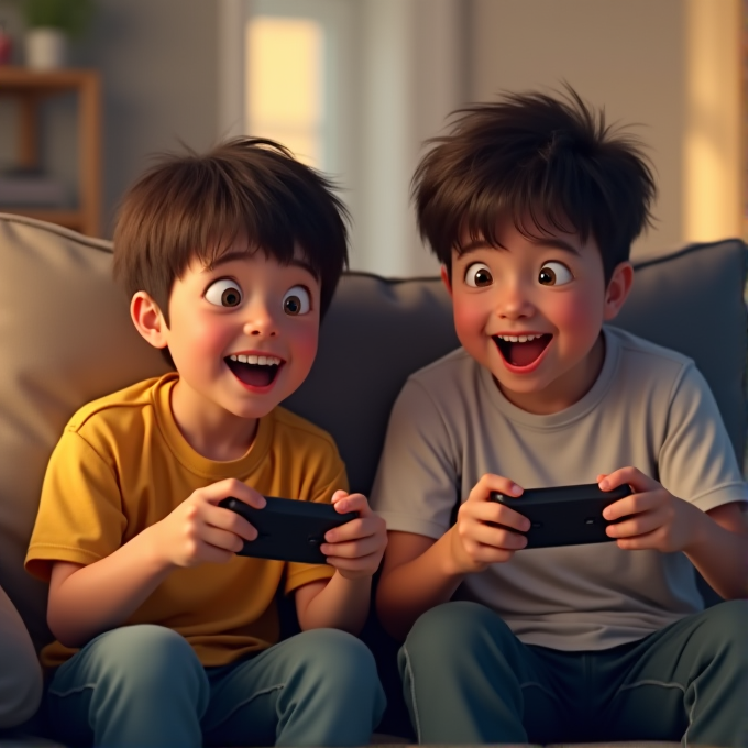 Two excited children are playing video games on a couch, holding controllers.