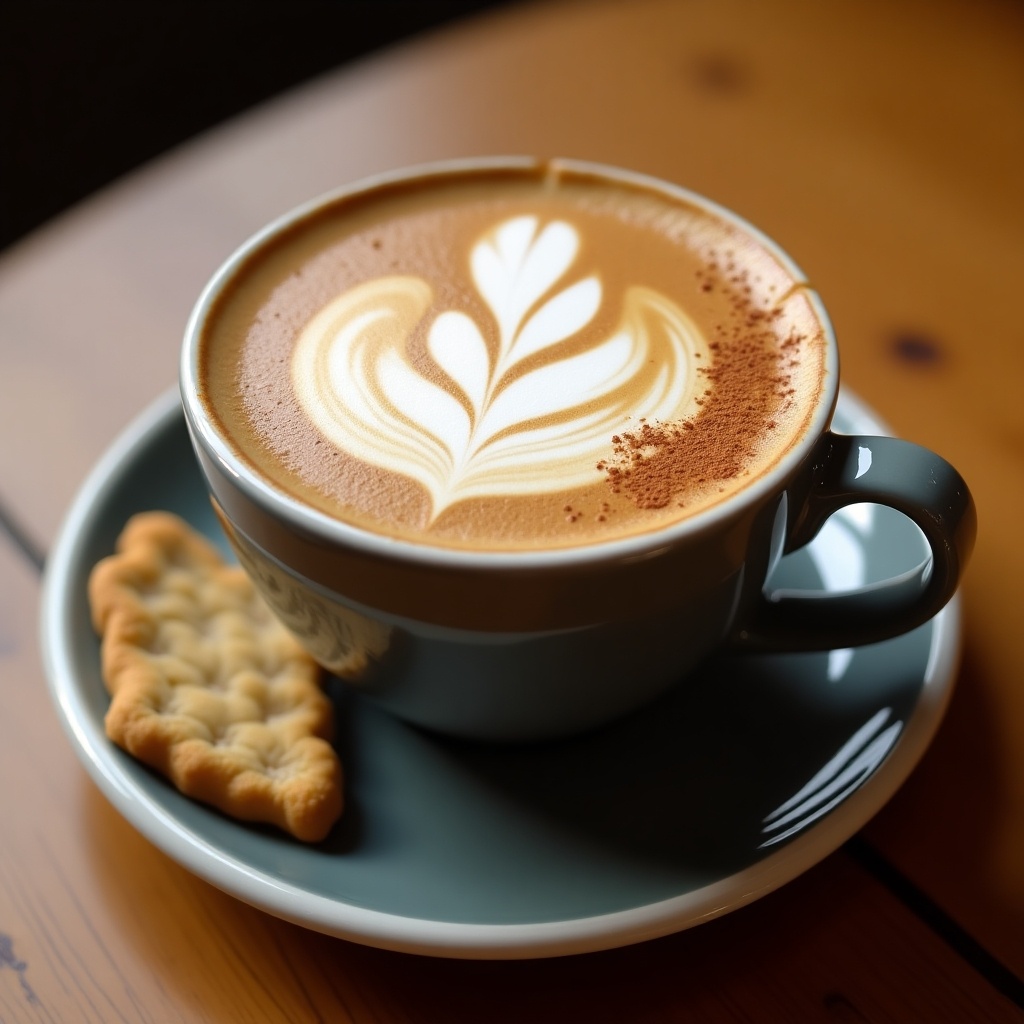 This image showcases a beautifully crafted cappuccino served in a blue cup. The coffee features intricate latte art, resembling a leaf pattern on its frothy surface. Alongside the cup, there's a small cookie resting on the saucer, adding a lovely complement to the beverage. The wooden table beneath creates a warm and inviting atmosphere. The lighting enhances the rich tones of the coffee, making it look even more appealing. Overall, it captures the essence of enjoying a cozy coffee moment.