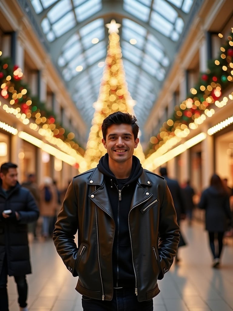 A bustling shopping mall during Christmas. An illuminated Christmas tree stands prominently. The area is lively with shoppers and festive ornaments. A tall man in a black leather jacket walks towards the camera with a smile.