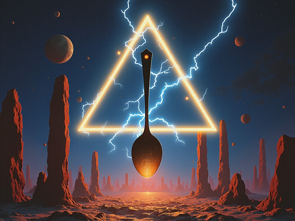 The image titled 'Electrospoon' is a surreal space rock album cover. It features a mysterious cult symbol, a spoon inside a bright triangle, surrounded by striking lightning bolts. Below, the scene is reminiscent of the Pillars of Creation as seen through the James Webb Space Telescope, showcasing towering rocky formations in a cosmic setting. The overall atmosphere evokes a sense of wonder and trepidation, suggesting exploration and the encounter with the unknown, perfect for a thrilling musical experience. This artwork combines elements of fantasy and science fiction, appealing to fans of both genres.