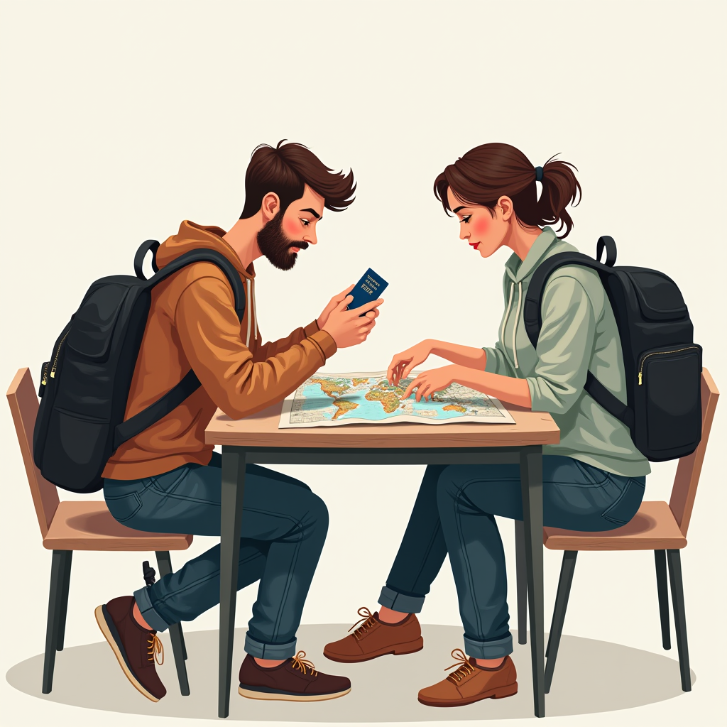 A man and woman sit at a table, studying a world map, both with backpacks and a passport visible.