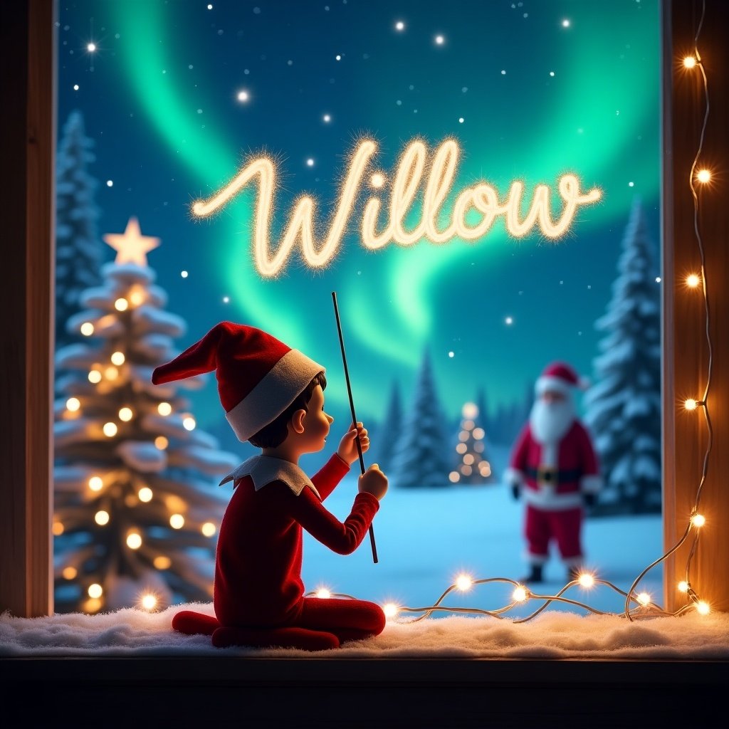 Enchanting scene features elf on the shelf with back to viewer. Elf faces vibrant night sky using wand to write 'Willow' in sparkling letters. Background displays magical Christmas setting with northern lights and decorated snow-covered trees. Santa Claus seen in distance enhances festive charm. Atmosphere brims with wonder and holiday magic, twinkling lights add enchantment.