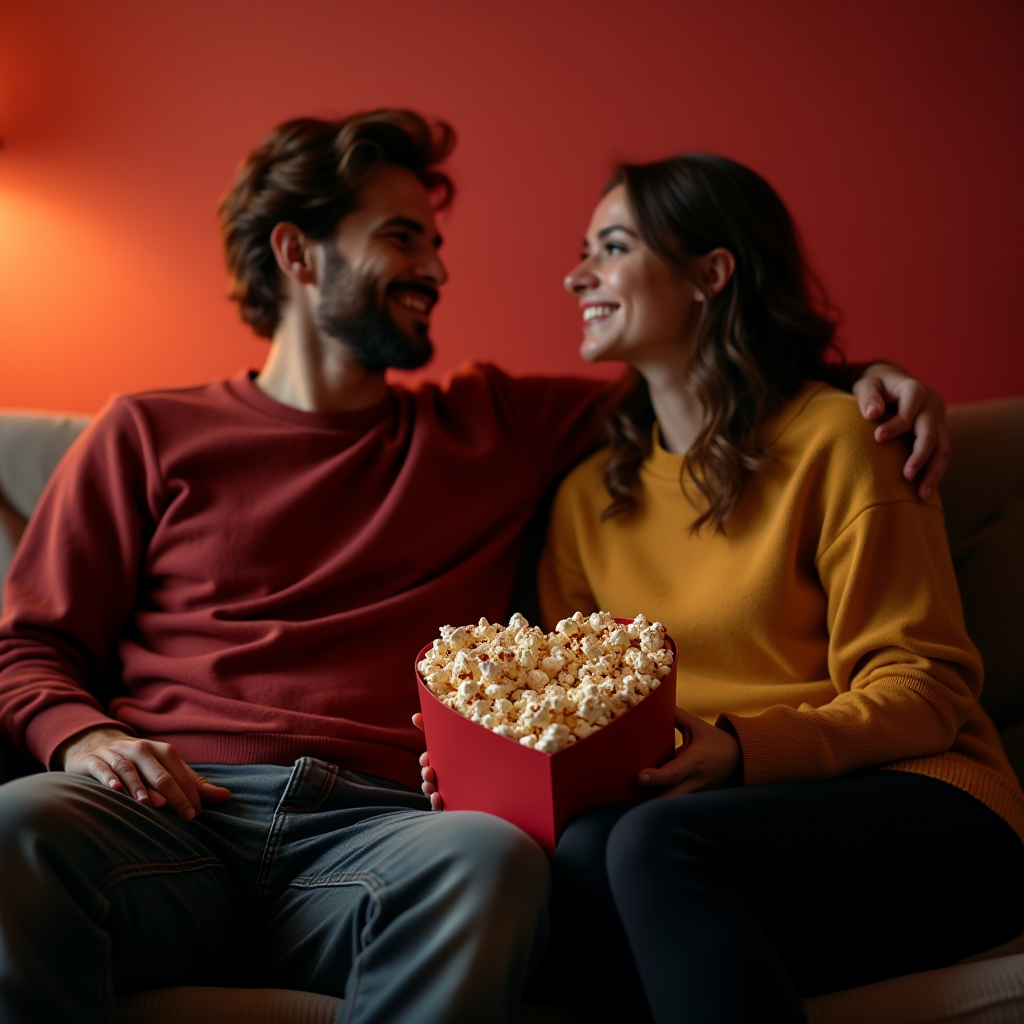 The image depicts a cozy and intimate setting with a couple sitting closely on a couch. They are smiling and looking into each other's eyes, suggesting a warm and affectionate moment. The man, in a red sweater, has his arm around the woman, who is wearing a mustard yellow sweater. On her lap, she holds a heart-shaped container filled with popcorn, reinforcing the casual and cozy atmosphere of enjoying a movie night at home. The background is softly lit with a warm red ambiance, adding to the romantic and relaxed vibe of the scene.