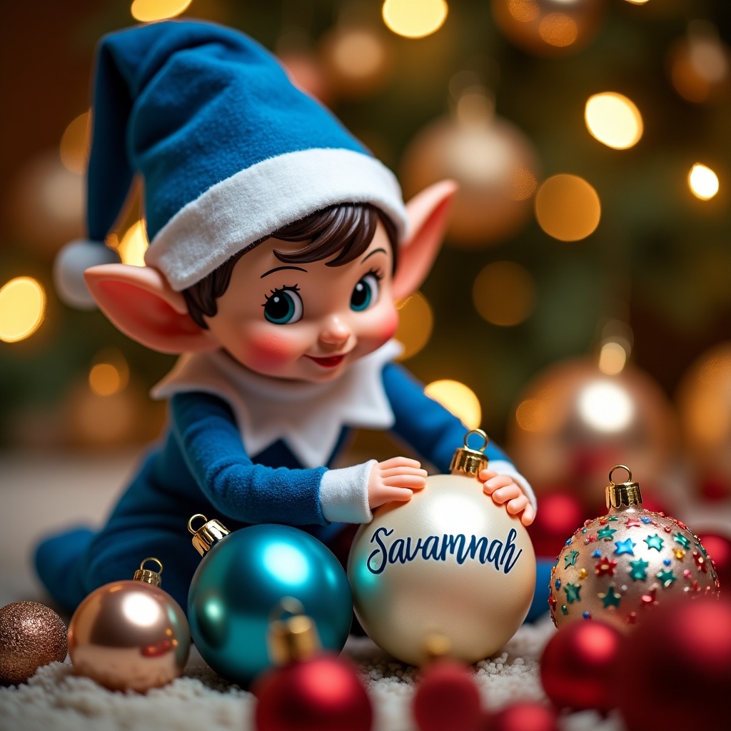 The image features an adorable elf dressed in blue, carefully writing the name 'Savannah' on a shiny Christmas bauble. Surrounding the elf are a variety of colorful ornaments, including gold, red, and blue baubles. The backdrop is blurred with warm Christmas lights that create a magical and festive atmosphere. This setup evokes a sense of creativity and holiday spirit. The elf's expression is cheerful and playful, adding to the charm of the scene. It's perfect for capturing the joy of the holiday season.