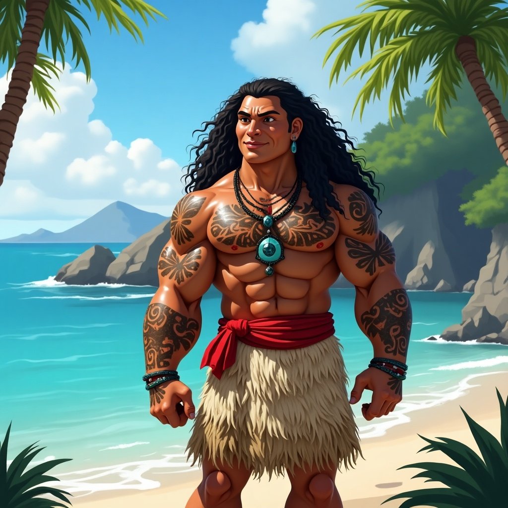 Realistic depiction of an animated character resembling Moana on a tropical island. Character showcases Polynesian features and stands on a beach with palm trees and mountains in the background.