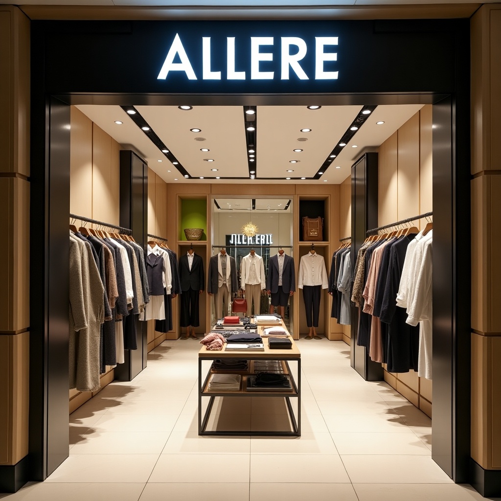 This image showcases a stylish fashion store named 'ALLERE.' The store features elegantly displayed clothing items on hangers, alongside a central table showcasing folded garments. The interior design is modern and inviting, created with a combination of wood and sleek lighting. Brightly lit, with focused spotlights enhancing the clothing’s appeal. The overall ambiance reflects a chic and sophisticated shopping experience.