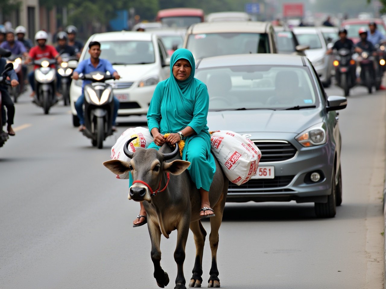 The image shows a busy street scene with vehicles in both directions. In the foreground, a woman wearing a turquoise outfit is riding a water buffalo. She has bags of groceries strapped around her, indicating she has just been shopping. The traffic includes various cars and motorcycles, which adds to the lively atmosphere. The contrast of the woman on the buffalo against modern vehicles highlights an interesting blend of tradition and modernity in transportation. The setting appears to be in a bustling urban area.