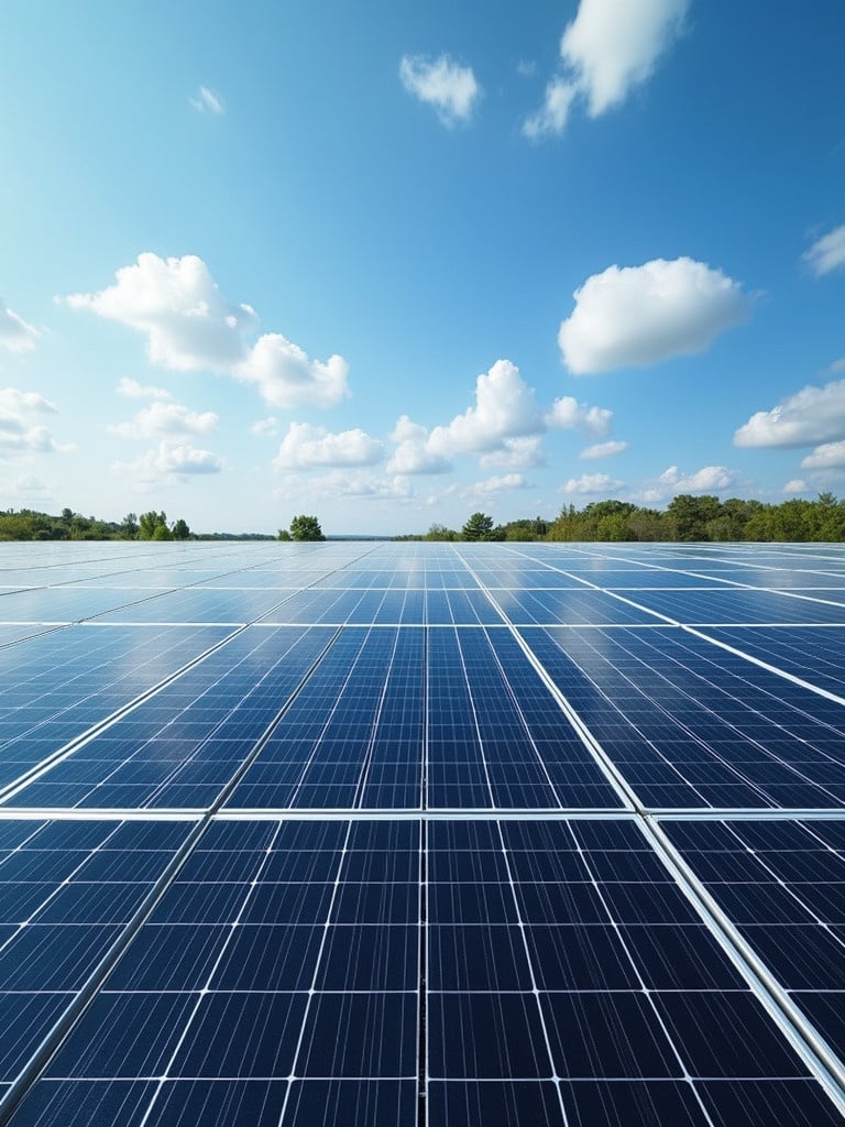 Photograph of numerous solar panels capturing sunlight. Blue sky with fluffy white clouds. Panels laid out on the ground.