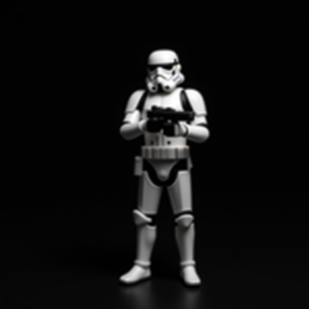 A Stormtrooper figure stands against a dark background, highlighting its iconic white armor.