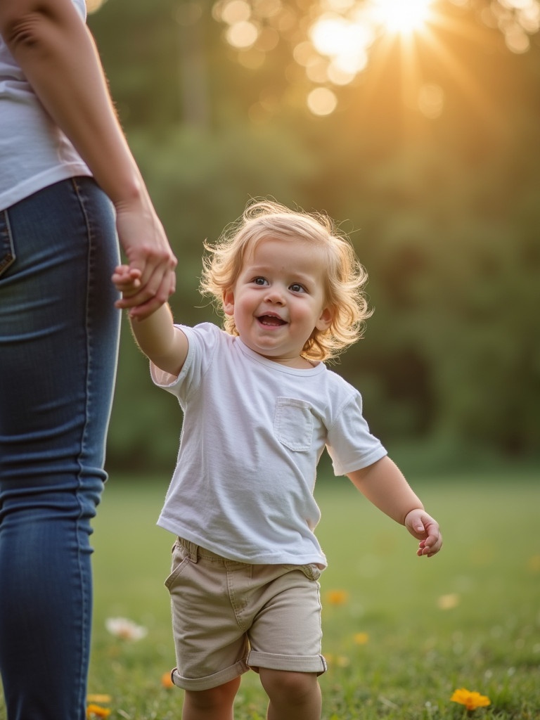 A child holds an adult's hand in a natural outdoor setting. Sunlight filters through trees illuminating the scene. The child wears a simple white t-shirt and shorts. Grass and flowers provide a colorful backdrop. The evening light gives a warm atmosphere.