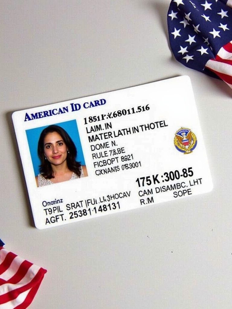 An American ID card is visible with personal information displayed. The card shows a name and ID number. A flag is positioned in the corner. This represents an identification document.