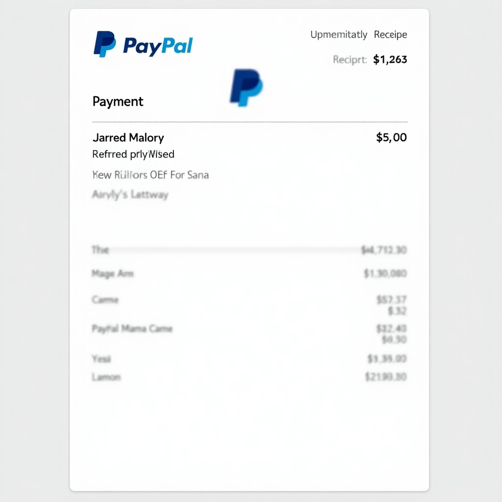 Image shows PayPal payment receipt documenting financial transaction. Receipt displays payment of $50 USD made to Jarred Malory. PayPal logo signifies authenticity. Contact information enhances transparency. Clean design with typical attributes of digital receipt, easy to read and understand.