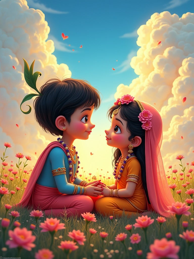 Colorful artwork depicting Radha and Krishna in a flower field. They are seated closely facing each other. The background has a beautiful sky with clouds. The scene radiates happiness and peace.