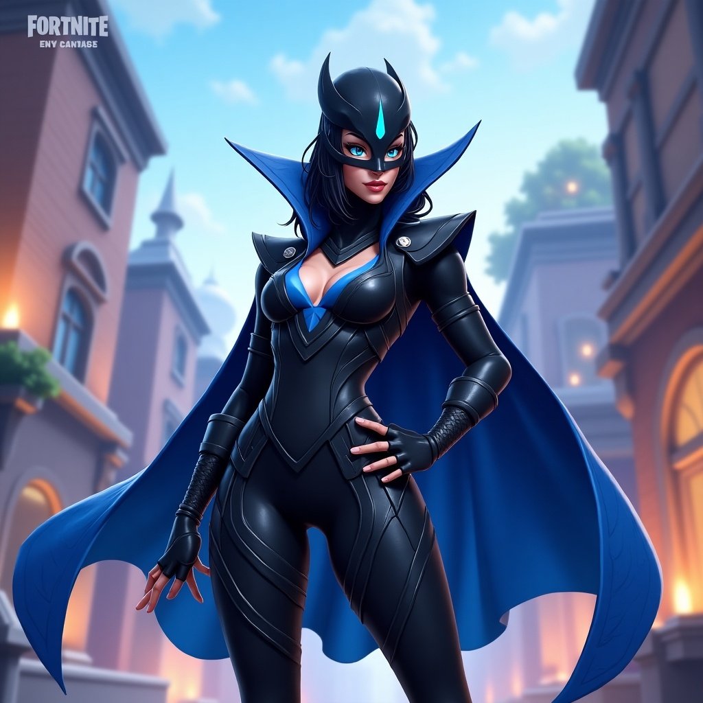 This image features a character from Fortnite, known as the Siren skin. She is depicted in a sleek, black suit with blue accents and a dramatic cape. The vibrant, stylized background suggests a cityscape, enhancing the character's dynamic pose. Her facial features are sharp and confident, embodying a heroic essence. The overall color palette includes blacks and blues, creating a bold contrast. This artwork reflects the popular blend of fantasy and gaming culture found within the Fortnite universe.