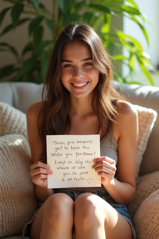 An 18 year old girl with long brown hair sits comfortably in a cozy living room. She wears a tank top and shorts. She smiles warmly and holds a piece of paper that shows her Instagram handle. The decor features soft pillows and plants in the background. Natural light enters the room. The overall look is inviting and perfect for social media.