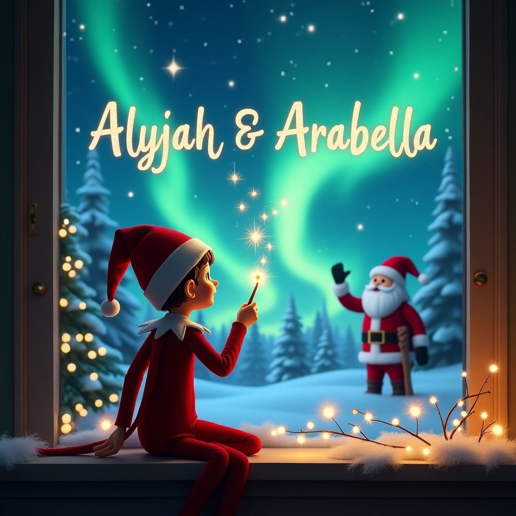 This image features an adorable elf on the shelf, seated with its back to the viewer, looking up at the enchanting night sky. The elf is using a magical wand to elegantly write the names 'Alyjah & Arabella' in the air, sparkling with magic. In the background, there is a whimsical Christmas scene adorned with northern lights and a cheerful Santa. The mood is festive and magical, perfect for the holiday season. The overall composition invites viewers into a world of Christmas wonder and joy.