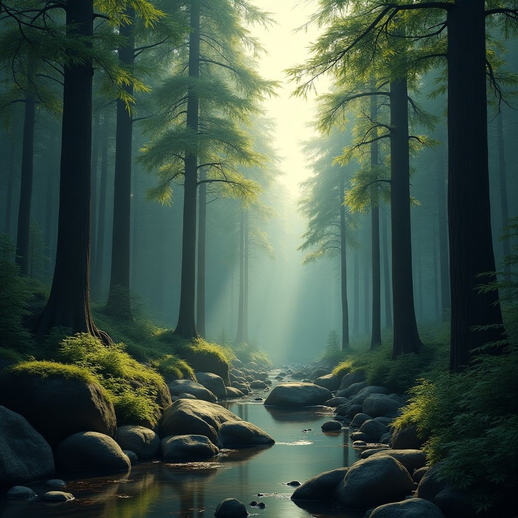 A serene forest scene with tall trees, a small pond, rocks nearby, and dynamic lighting effects creating a peaceful ambiance.