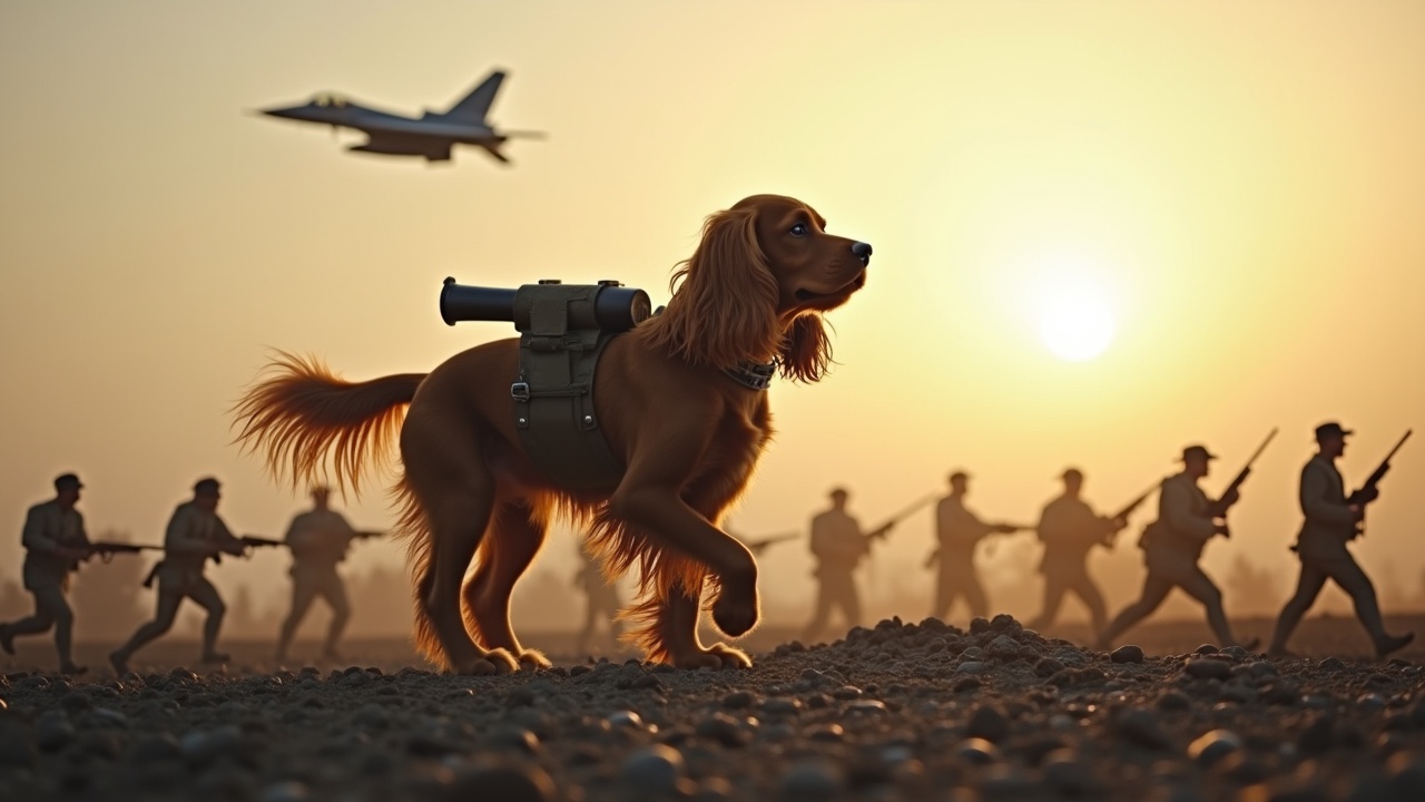 In a creative and whimsical scene, a giant cavalier king charles spaniel strides across a gray battlefield, showcasing a unique twist on military themes. The dog is equipped with a cannon strapped to its back, adding a humorous touch to the serious setting. Surrounding the canine are tiny soldiers holding rifles, emphasizing the contrast in size and roles. The sky radiates with the warm glow of a setting sun, providing a dramatic backdrop to this imaginative portrayal. A jet fighter zooms overhead, adding a dynamic element to the whimsical narrative. This illustration blends humor and creativity with elements of war and companionship.