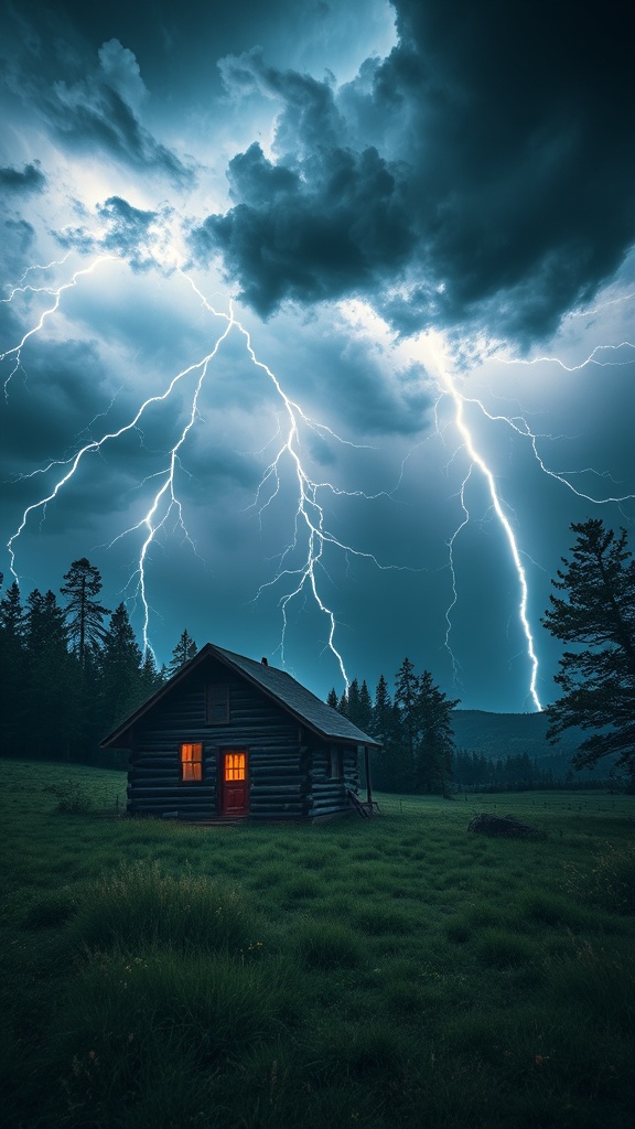 A small cabin is illuminated by lightning in a dark, stormy landscape.