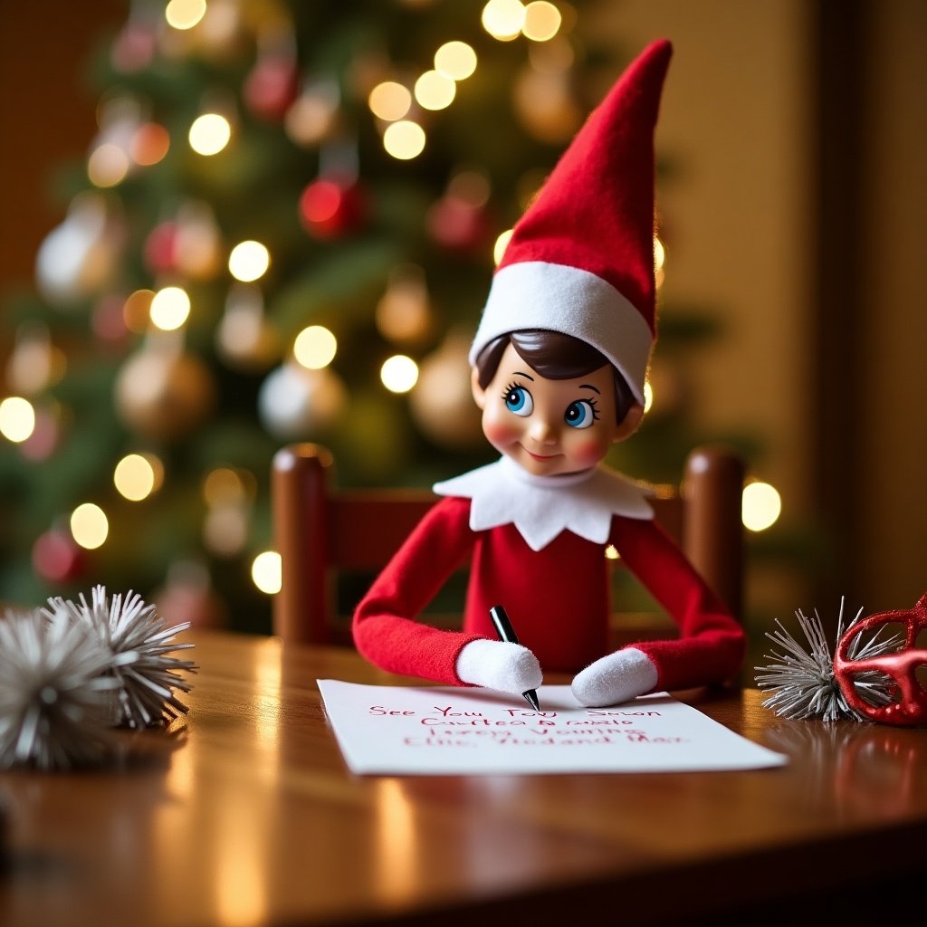 Elf on the Shelf doll at wooden table is writing a note. The elf is in a red outfit with a pointed hat. Note says 'See You Soon Carter, Josie, Alek, and Max.' Behind, decorated Christmas tree shines with lights. Soft lighting adds warmth. Festive decorations are nearby.