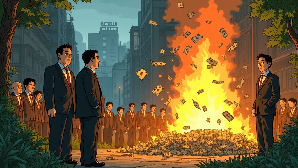 A group of people in suits throws stacks of money into a roaring fire. Others watch in the background looking tired and hopeless. The fire casts a warm glow. The surrounding urban environment is muted and cool-toned. Overgrown greenery hints at nature's resilience. Highly detailed with painterly textures and dramatic lighting.