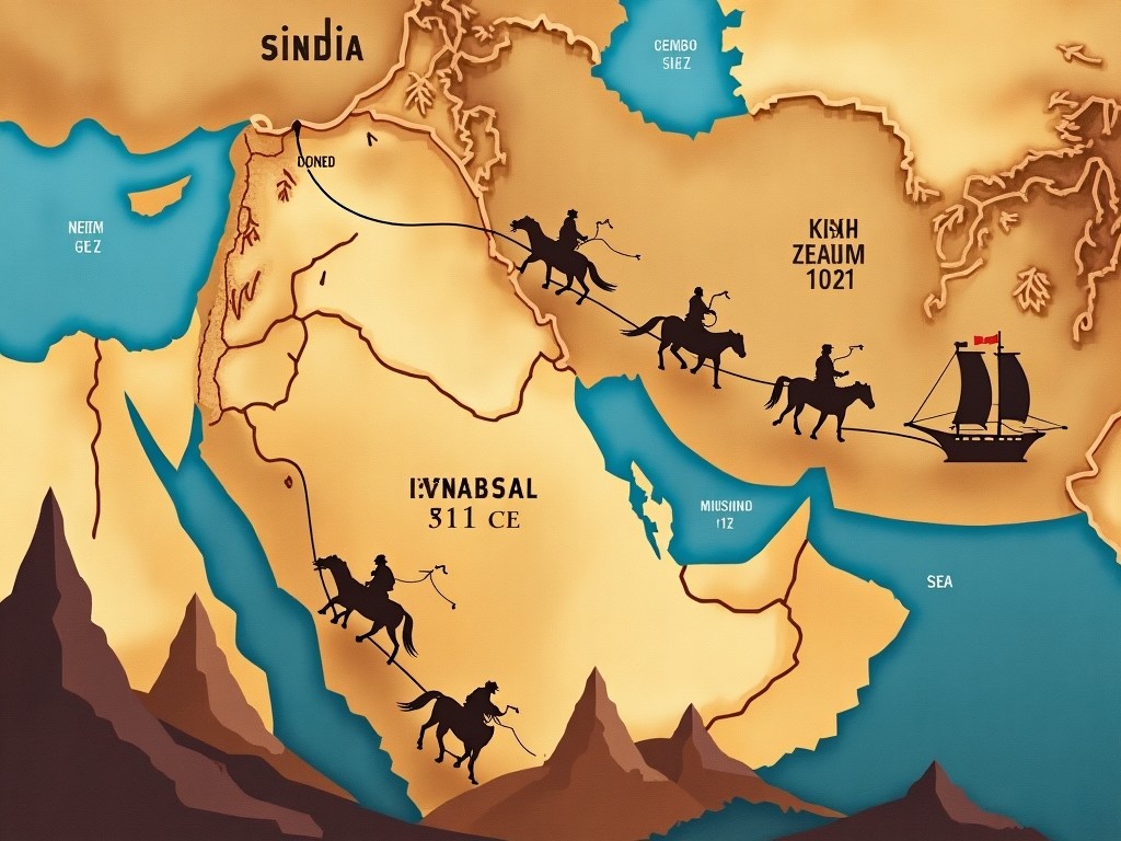 The image is a historical map showcasing the route from the Arabian Peninsula to Sindh, dating back to 711 CE. It features silhouettes of soldiers on horseback, representing a caravan journey across the desert. The backdrop includes ancient geographical features, symbolizing the desert landscape and seas. Merchant ships are also illustrated, indicating trade activities. The map serves to illustrate the significant journey that led to the conquest and cultural exchange between regions.