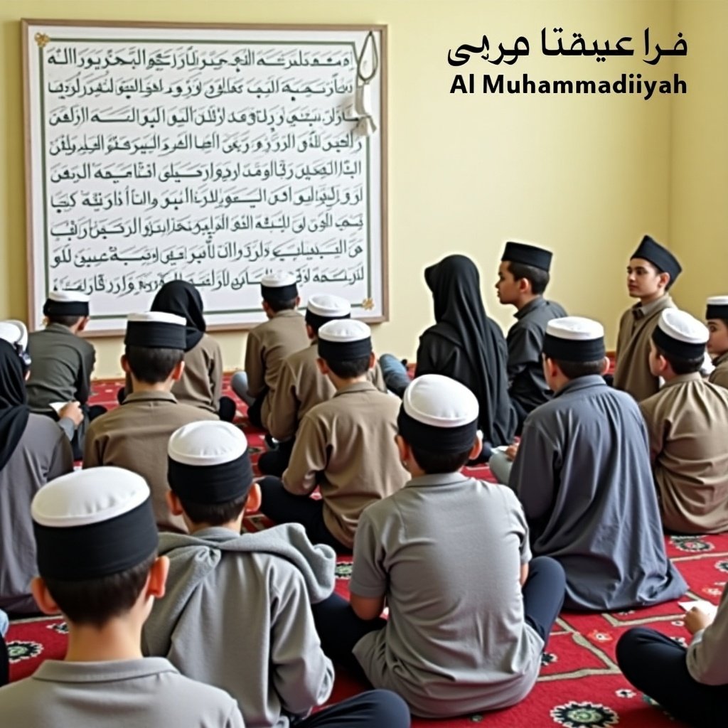 Group of children attending Quran memorization class in a bright room. Children seated on red carpets with a large Quran text on the wall. They wear simple attire, with some wearing caps. The environment reflects an educational and spiritual atmosphere.