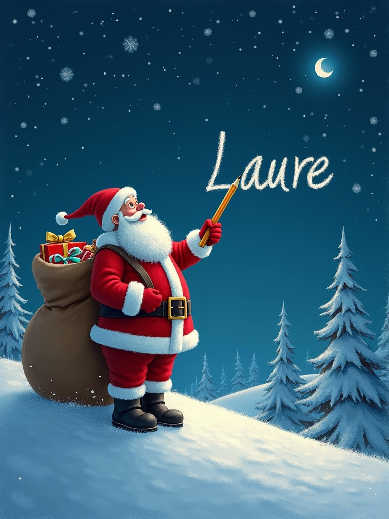 Santa Claus in a red suit stands on a snowy hill. He is holding a pencil while writing the name Laura in the night sky. A large sack of gifts rests beside him. The scene is under a clear starry sky with a crescent moon.