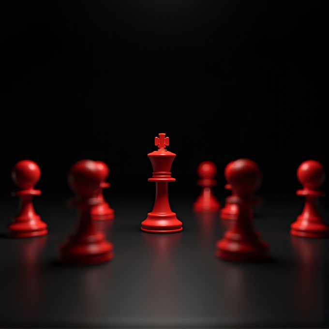 A red chess king stands surrounded by pawns in a dramatic light.