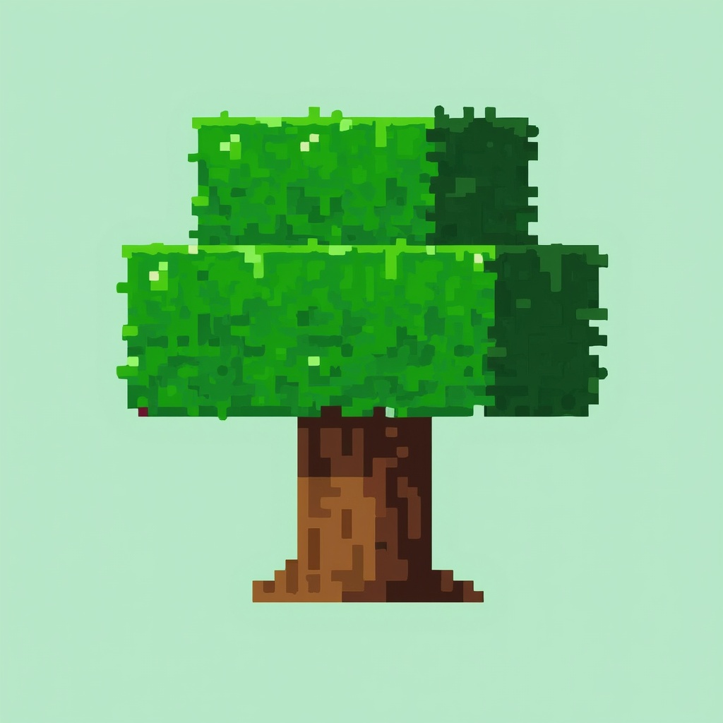 Pixelated representation of a tree. Brown trunk connects to wide green leaf canopy. Leaves appear lush and vibrant. Small green blocks create dense leaves. Trunk is blocky in brown shades. Geometric design suits pixelated world.