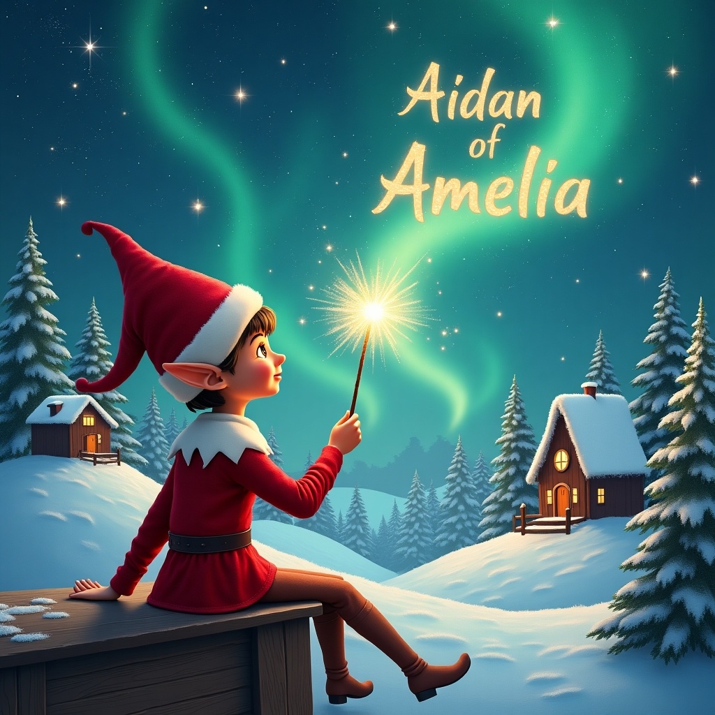 The image features a whimsical elf sitting on a wooden ledge, turned away from the viewer. Dressed in a vibrant red outfit with a matching pointed hat, the elf joyfully holds a sparkling wand. The background presents a serene snowy landscape with charming little houses and evergreen trees. Above, the Northern Lights shimmer, adding a magical touch to the scene. The names 'Aidan' and 'Amelia' are elegantly incorporated into the starry sky, enhancing the enchanting atmosphere of childhood magic and Christmas cheer.