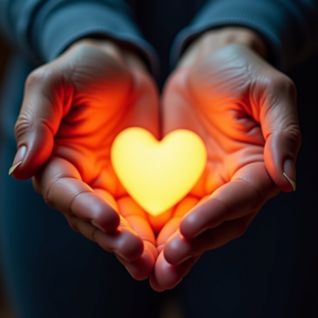 Close-up of hands holding glowing heart. Surrounded by vivid colors representing happiness and mental well-being. Serene and uplifting background.