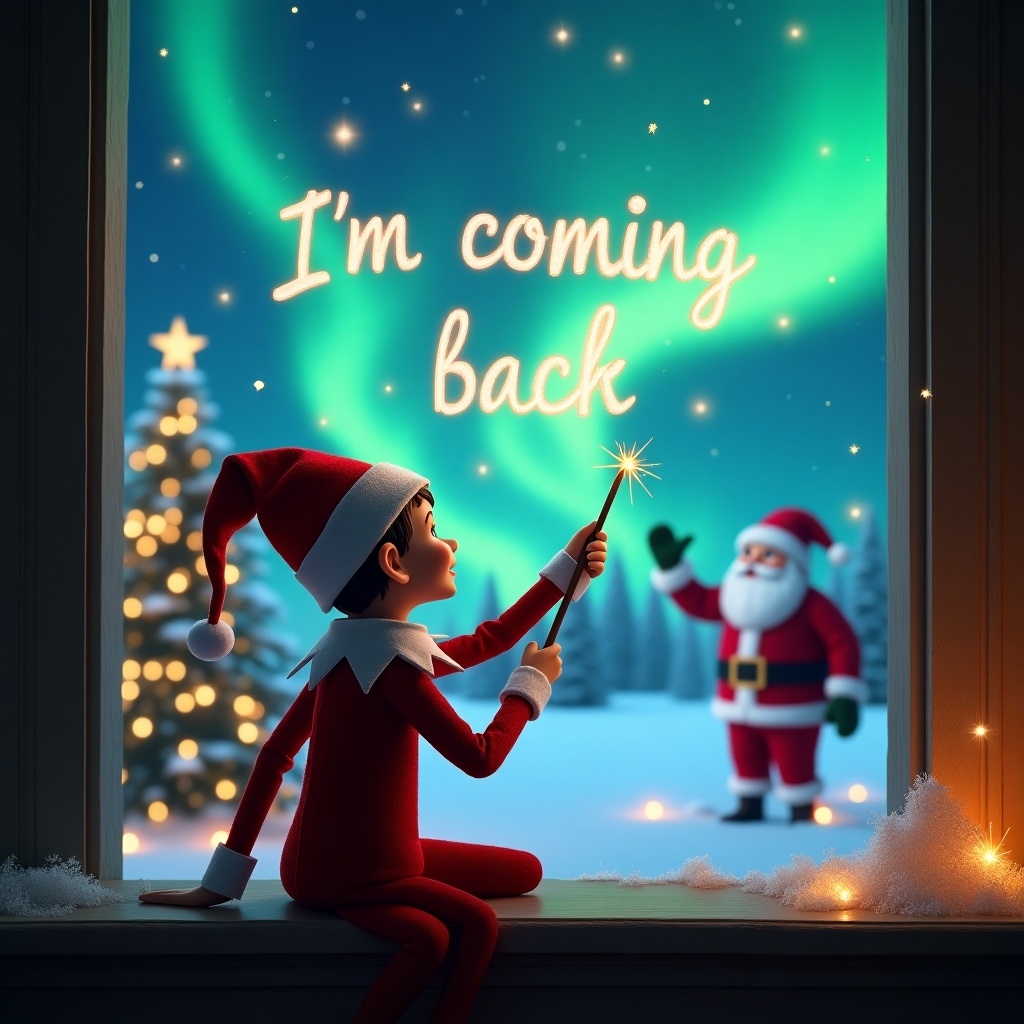 The scene features an Elf on the Shelf sitting on a windowsill, with his back to the viewer, gazing at the night sky. He is using a wand to write 'Dylan & Kyle I'm coming back' in the sky. In the background, a magical Christmas landscape reveals vibrant northern lights illuminating the night sky. Festive decorations, including a Christmas tree with lights, create a warm and inviting atmosphere. Santa Claus can be seen in the distance, waving cheerfully. The overall mood captures the enchantment of the holiday season, filled with excitement and wonder.